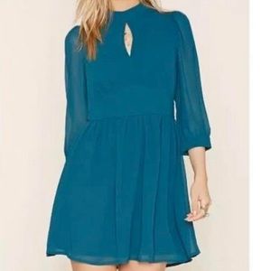 FOREVER 21 Keyhole Semi Sheer High Collar Mini Dress Deep Teal L prairie mod